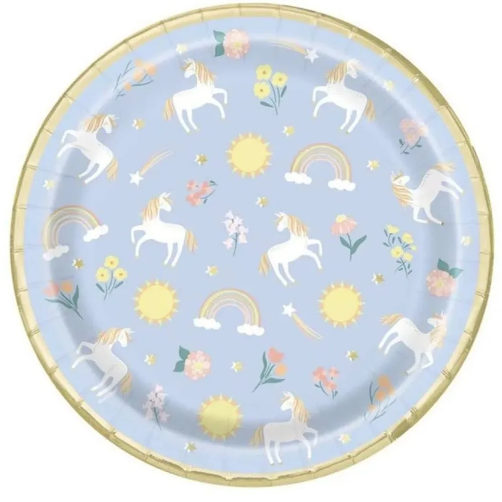 Unique Dainty Unicorn Party Paper Plates Blue Gold